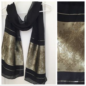 NWOT 100% Silk Black and Gold Scarf